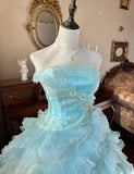 Ndyad Sky Blue A-Line Strapless Tulle Beaded Long Prom Dress Sequined Layered Adult Ceremony Dress HZ1024
