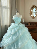Ndyad Sky Blue A-Line Strapless Tulle Beaded Long Prom Dress Sequined Layered Adult Ceremony Dress HZ1024
