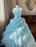 Ndyad Sky Blue A-Line Strapless Tulle Beaded Long Prom Dress Sequined Layered Adult Ceremony Dress HZ1024