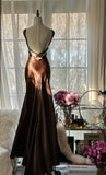 Ndyad Chocolate Mermaid Sweetheart Neck Satin Long Prom Dress Elegant Evening Gown HZ1024