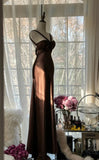 Ndyad Chocolate Mermaid Sweetheart Neck Satin Long Prom Dress Elegant Evening Gown HZ1024