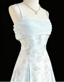 Ndyad Blue A-Line Spaghetti Strap Satin Chiffon Long Prom Dress Birthday Dress Graduation Prom Dress HZ1024