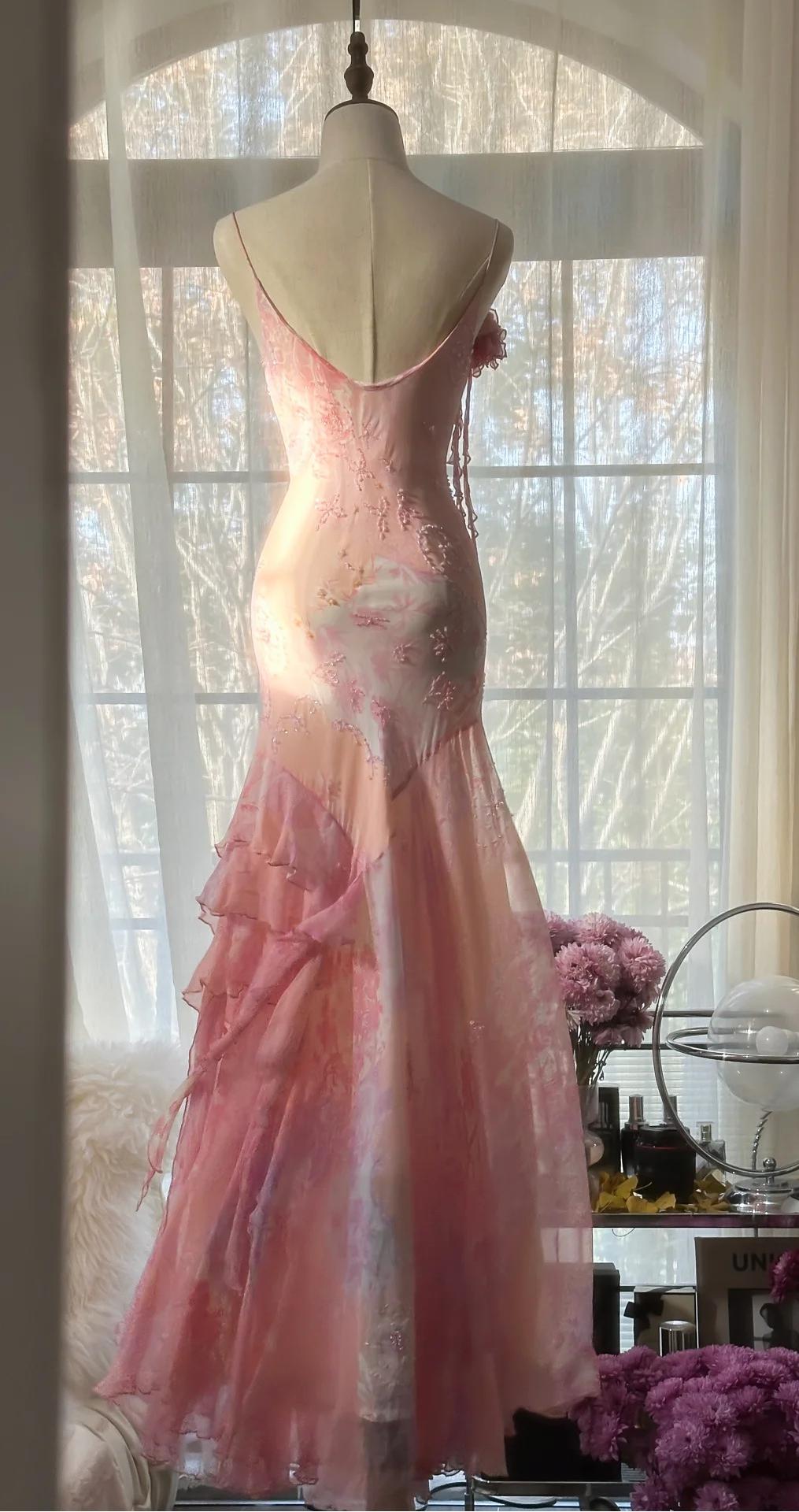 Ndyad Pink Spaghetti Strap Mermaid Party Dresses Fairytale Chiffon Beaded Long Prom Dresses HZ1024