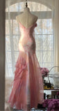 Ndyad Pink Spaghetti Strap Mermaid Party Dresses Fairytale Chiffon Beaded Long Prom Dresses HZ1024