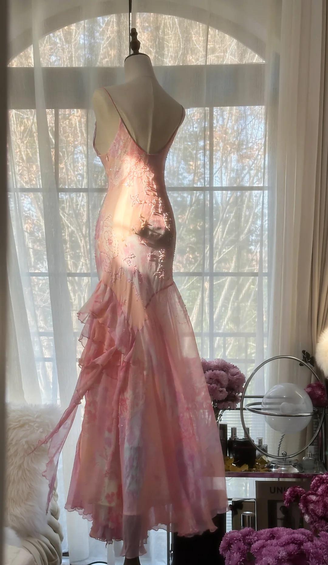 Ndyad Pink Spaghetti Strap Mermaid Party Dresses Fairytale Chiffon Beaded Long Prom Dresses HZ1024