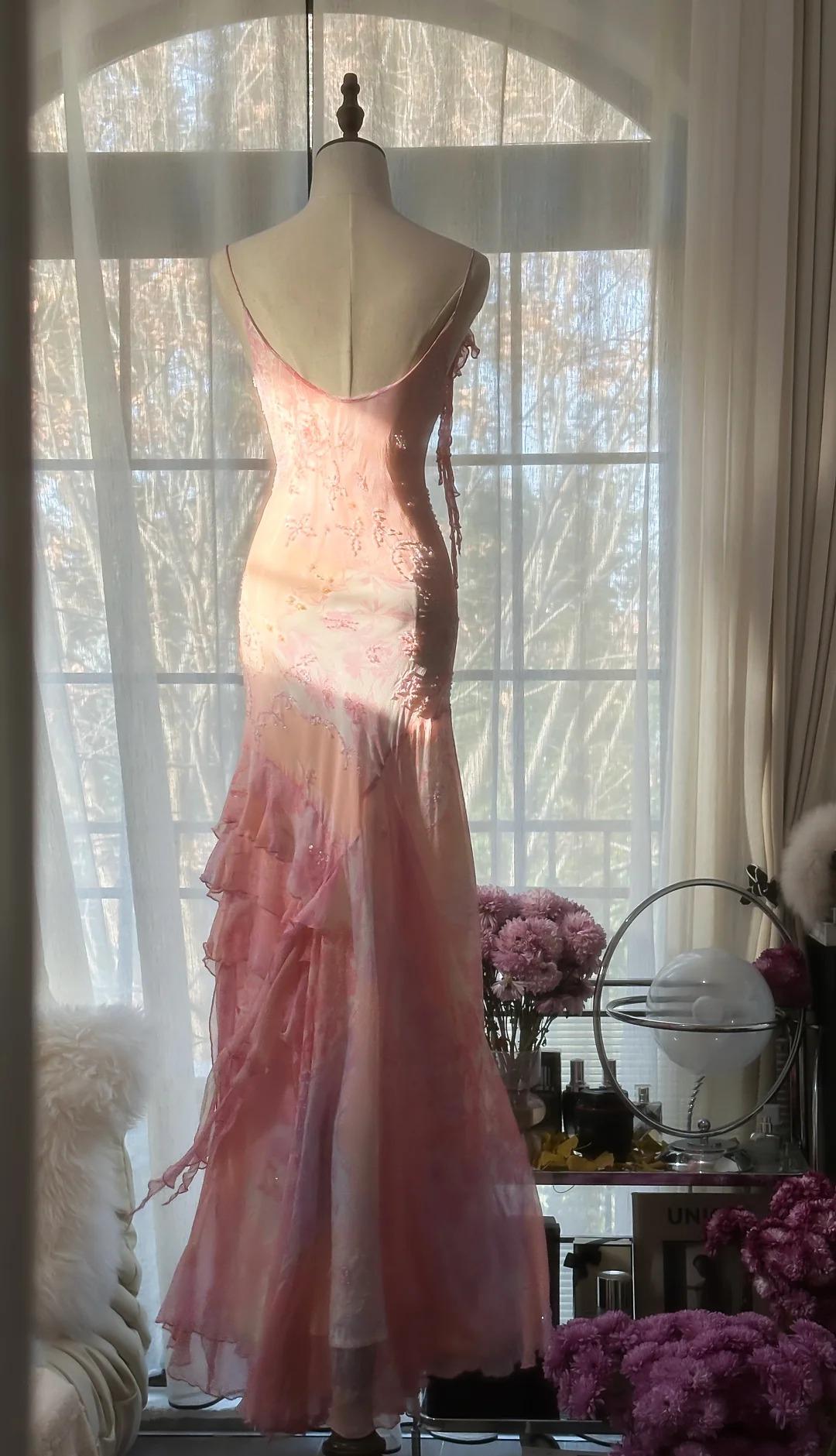 Ndyad Pink Spaghetti Strap Mermaid Party Dresses Fairytale Chiffon Beaded Long Prom Dresses HZ1024