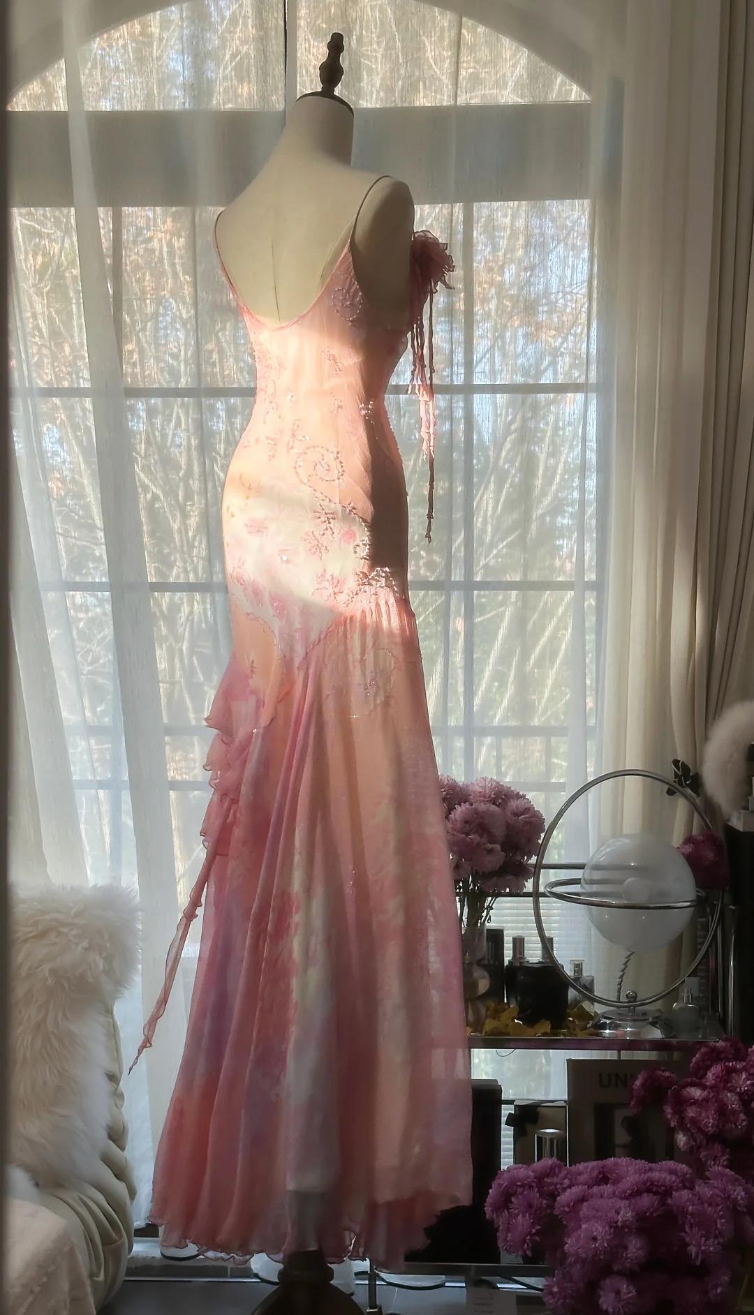 Ndyad Pink Spaghetti Strap Mermaid Party Dresses Fairytale Chiffon Beaded Long Prom Dresses HZ1024
