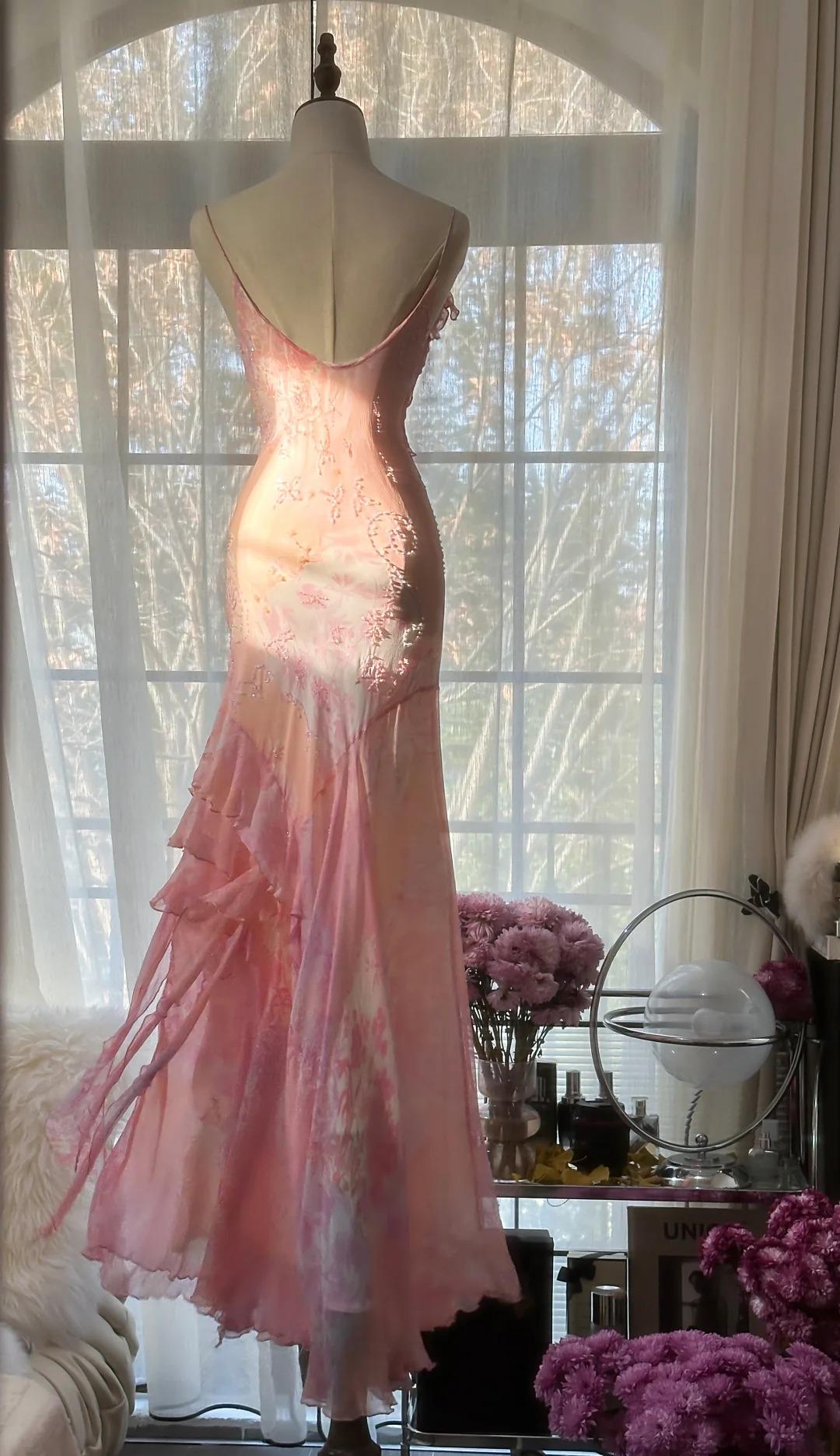 Ndyad Pink Spaghetti Strap Mermaid Party Dresses Fairytale Chiffon Beaded Long Prom Dresses HZ1024