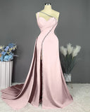 Ndyad Pink Long One Shoulder Sleeveless Prom Dress Long Slit Online HZ1024
