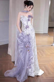 Ndyad Purple Mermaid Strapless Satin Tulle Long Prom Dress Applique Evening Gown HZ1024