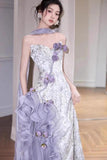 Ndyad Purple Mermaid Strapless Satin Tulle Long Prom Dress Applique Evening Gown HZ1024