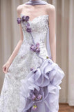 Ndyad Purple Mermaid Strapless Satin Tulle Long Prom Dress Applique Evening Gown HZ1024