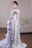 Ndyad Purple Mermaid Strapless Satin Tulle Long Prom Dress Applique Evening Gown HZ1024