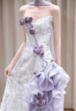 Ndyad Purple Mermaid Strapless Satin Tulle Long Prom Dress Applique Evening Gown HZ1024