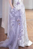 Ndyad Purple Mermaid Strapless Satin Tulle Long Prom Dress Applique Evening Gown HZ1024
