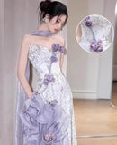 Ndyad Purple Mermaid Strapless Satin Tulle Long Prom Dress Applique Evening Gown HZ1024