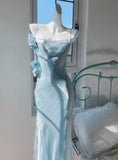 Ndyad Blue Bodycon Dress Spaghetti Strap Chiffon Long Prom Dress Graduation Prom Dress HZ1024