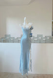 Ndyad Blue Bodycon Dress Spaghetti Strap Chiffon Long Prom Dress Graduation Prom Dress HZ1024