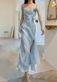 Ndyad Blue Bodycon Dress Spaghetti Strap Chiffon Long Prom Dress Graduation Prom Dress HZ1024