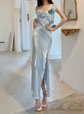 Ndyad Blue Bodycon Dress Spaghetti Strap Chiffon Long Prom Dress Graduation Prom Dress HZ1024