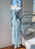 Ndyad Blue Bodycon Dress Spaghetti Strap Chiffon Long Prom Dress Graduation Prom Dress HZ1024