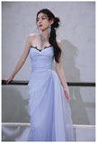 Ndyad A-Line Strapless Chiffon Pleated Long Prom Dress Chic Lace Graduation Prom Dress HZ1024