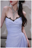 Ndyad A-Line Strapless Chiffon Pleated Long Prom Dress Chic Lace Graduation Prom Dress HZ1024