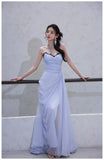 Ndyad A-Line Strapless Chiffon Pleated Long Prom Dress Chic Lace Graduation Prom Dress HZ1024