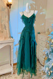 Ndyad Green A-Line Spaghetti Strap Chiffon Long Prom Dress V-Neck Layered Evening Gown HZ1024