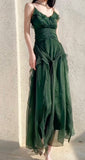 Ndyad Green A-Line Spaghetti Strap Chiffon Long Prom Dress V-Neck Layered Evening Gown HZ1024