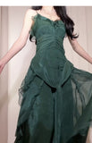 Ndyad Green A-Line Spaghetti Strap Chiffon Long Prom Dress V-Neck Layered Evening Gown HZ1024