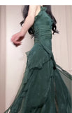 Ndyad Green A-Line Spaghetti Strap Chiffon Long Prom Dress V-Neck Layered Evening Gown HZ1024