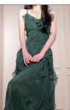 Ndyad Green A-Line Spaghetti Strap Chiffon Long Prom Dress V-Neck Layered Evening Gown HZ1024