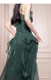 Ndyad Green A-Line Spaghetti Strap Chiffon Long Prom Dress V-Neck Layered Evening Gown HZ1024