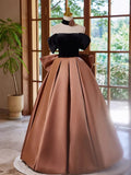 Evafashion Off Shouder Satin Brown Long Prom Dress, Brown Long Formal Dress HZ1024