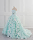 Ndyad Blue A-Line Strapless Tulle Lace Long Prom Dress Vintage Wedding Dress HZ1024