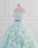 Ndyad Blue A-Line Strapless Tulle Lace Long Prom Dress Vintage Wedding Dress HZ1024