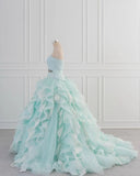 Ndyad Blue A-Line Strapless Tulle Lace Long Prom Dress Vintage Wedding Dress HZ1024