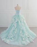 Ndyad Blue A-Line Strapless Tulle Lace Long Prom Dress Vintage Wedding Dress HZ1024