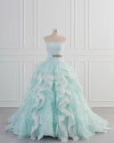 Ndyad Blue A-Line Strapless Tulle Lace Long Prom Dress Vintage Wedding Dress HZ1024
