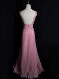 Ndyad Pink Retro Mermaid V-neck Chiffon Beaded Long Prom Dress Sweet Applique Birthday Dress HZ1024