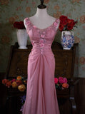 Ndyad Pink Retro Mermaid V-neck Chiffon Beaded Long Prom Dress Sweet Applique Birthday Dress HZ1024