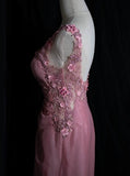 Ndyad Pink Retro Mermaid V-neck Chiffon Beaded Long Prom Dress Sweet Applique Birthday Dress HZ1024