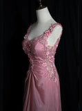 Ndyad Pink Retro Mermaid V-neck Chiffon Beaded Long Prom Dress Sweet Applique Birthday Dress HZ1024