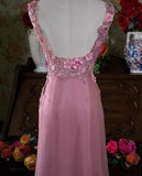 Ndyad Pink Retro Mermaid V-neck Chiffon Beaded Long Prom Dress Sweet Applique Birthday Dress HZ1024
