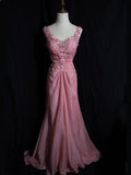 Ndyad Pink Retro Mermaid V-neck Chiffon Beaded Long Prom Dress Sweet Applique Birthday Dress HZ1024