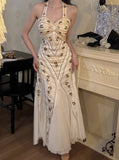Ndyad Halter Neck Tulle Beading Vintage Long Prom Dress Birthday Dress HZ1024