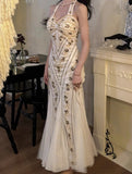 Ndyad Halter Neck Tulle Beading Vintage Long Prom Dress Birthday Dress HZ1024