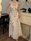 Ndyad Halter Neck Tulle Beading Vintage Long Prom Dress Birthday Dress HZ1024