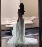 Ndyad A-Line Sequined Tulle Strapless Long Prom Dress Adult Ceremony Prom Dress HZ1024